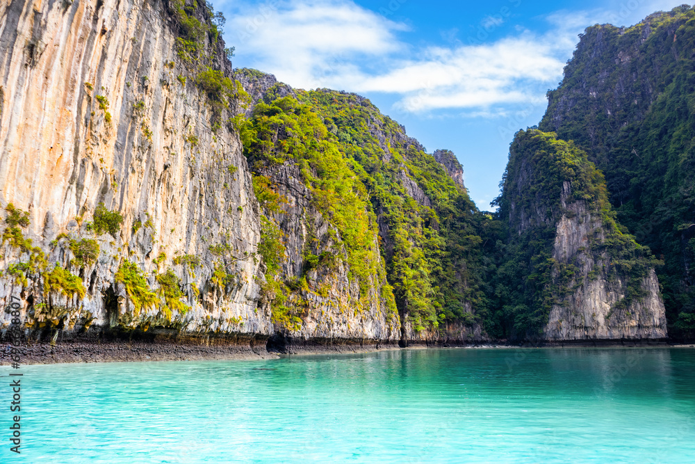 Beautiful tropical landscape of the Maya Bay in the Phi Phi Islands in Thailand Beautiful tropical landscape of the Maya Bay in the Phi Phi Islands in Thailand