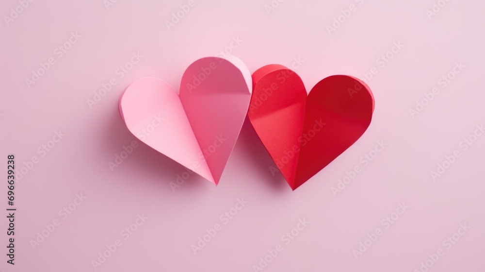 Two paper hearts, one red and one pink, intertwined and folded together in a symbol of love and friendship.