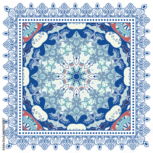 Decorative doodle ornament, symmetric pattern with lace frame. Tribal ethnic mandala decor. Bandana shawl, hijab, tablecloth fabric print, silk neck scarf, kerchief design. Colorful vector background