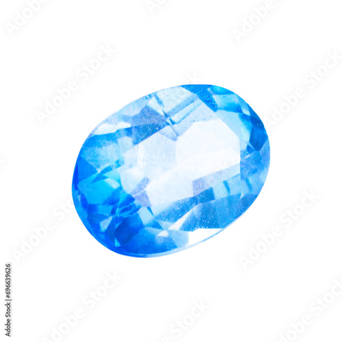 The natural blue topaz gemstone with I quality and oval shape, front side shot on a white background.