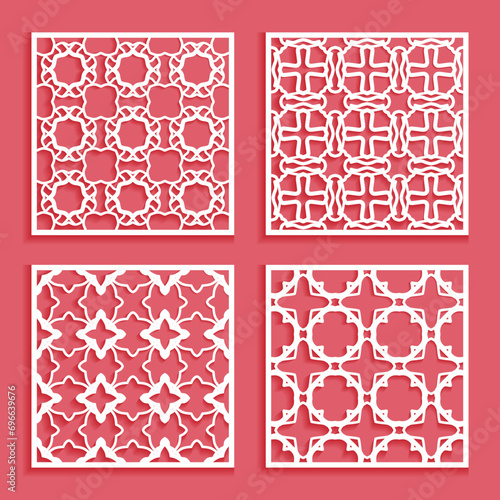 Templates for laser cutting, plotter cutting, printing. Square line patterns set. Geometric design cut out of paper. Mandala Islamic die cut ornament. Fretwork panels, cutout silhouette stencils