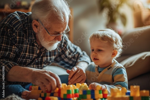 grandpa and kin fun with a toy , in living room. generative ai