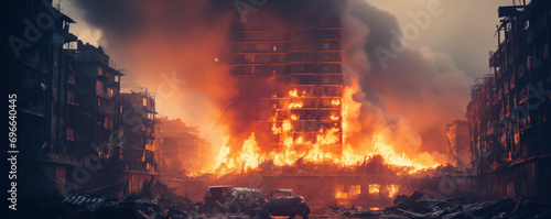 Illustration of the town with buildings on fire after bomb attack during war.
