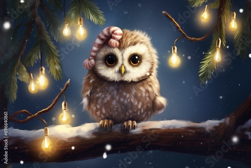 Very cute little owlet close up, christmas, snow, moon stars, garland, tree with generative ai