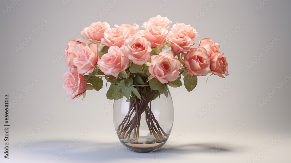 Fototapeta premium Fresh pink roses in clear glass vase on neutral background. Home decor and elegance.