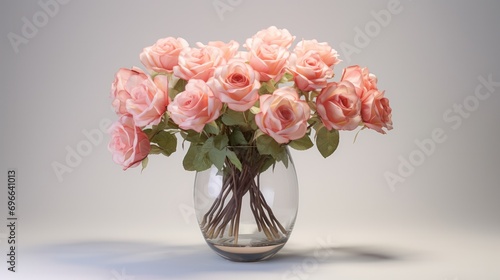 Fresh pink roses in clear glass vase on neutral background. Home decor and elegance.