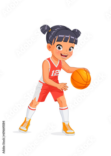 Cute little Asian girl playing basketball. Cartoon vector illustration.