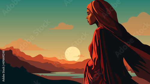 A beautiful woman in a red cloak with a headdress standing in front of an epic desert sun setting behind the mountains.