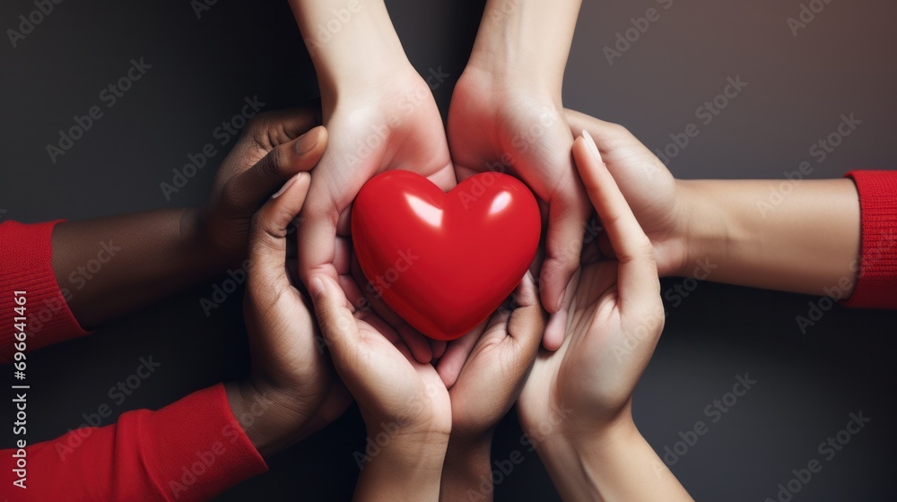 Obraz premium Diverse group of hands holding red heart together. Unity and charity.