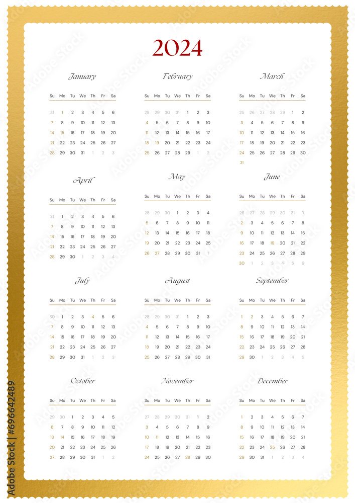 Calendar 2024 Calendar with holidays. Yearly calendar showing months and days for the year 2024