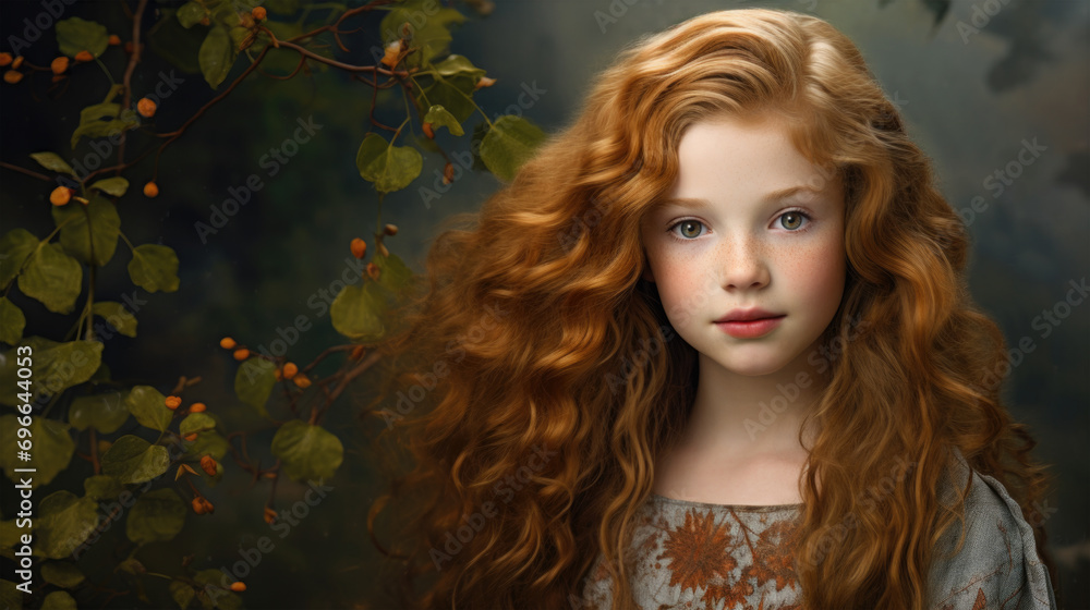 The image features a beautiful young girl with long, curly red hair. She is standing in front of a tree with green leaves, creating a picturesque scene. The girl appears to be posing for a portrait. The image features a beautiful young girl with long, curly red hair. She is standing in front of a tree with green leaves, creating a picturesque scene. The girl appears to be posing for a portrait.