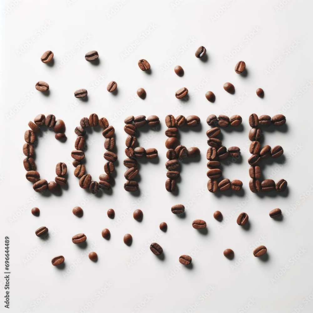 Modern 'Coffee' Word Art Using Coffee Beans on White Background, Ideal for Coffee Shops and Cafes Modern 'Coffee' Word Art Using Coffee Beans on White Background, Ideal for Coffee Shops and Cafes