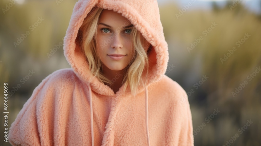 Closeup of a Peach Fuzz hooded cape, a fashionable and functional choice for braving winter winds. Closeup of a Peach Fuzz hooded cape, a fashionable and functional choice for braving winter winds.