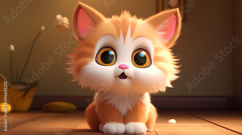 3d rendering of a cute cat on with big eyes sitting the floor home, Generate AI