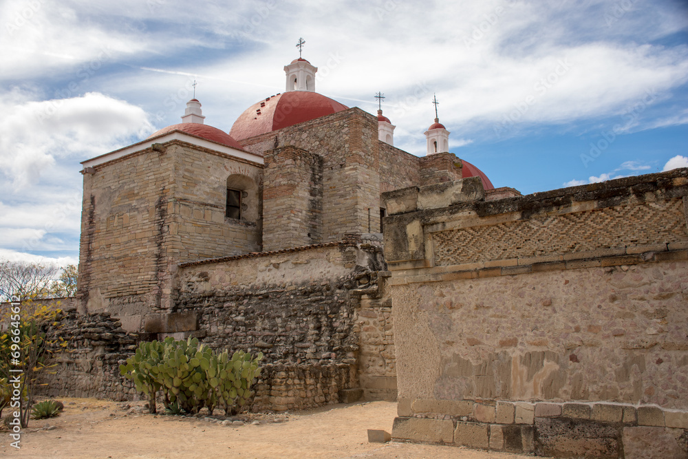 Impressive view of the church of Mitla, the city of the dead, among the Zapotec archaeological site in Oaxaca, Mexico.