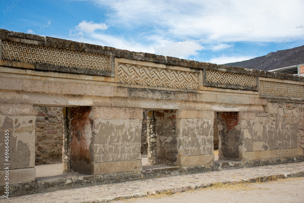 Beautiful interior view of the archaeological site of Mitla, in Oaxaca, Mexico. Ancient fretwork in Zapotec temples.