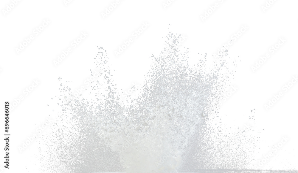 Tapioca starch flour fly explosion, White powder tapioca starch fall down in air. Seasoning flour powder is element material. Eyeshadow crush make up. Black background Isolated selective focus blur - obrazy, fototapety, plakaty 