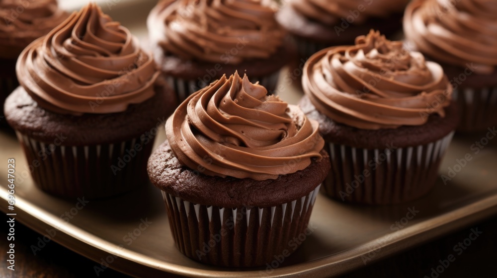 A tantalizing closeup of rich, ery frosting generously spread on top of decadent chocolate cupcakes. A tantalizing closeup of rich, ery frosting generously spread on top of decadent chocolate cupcakes.