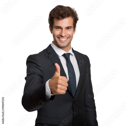 Powerful man wearing suit doing thumbs up and looking at camera with a smile. Isolated transparent background