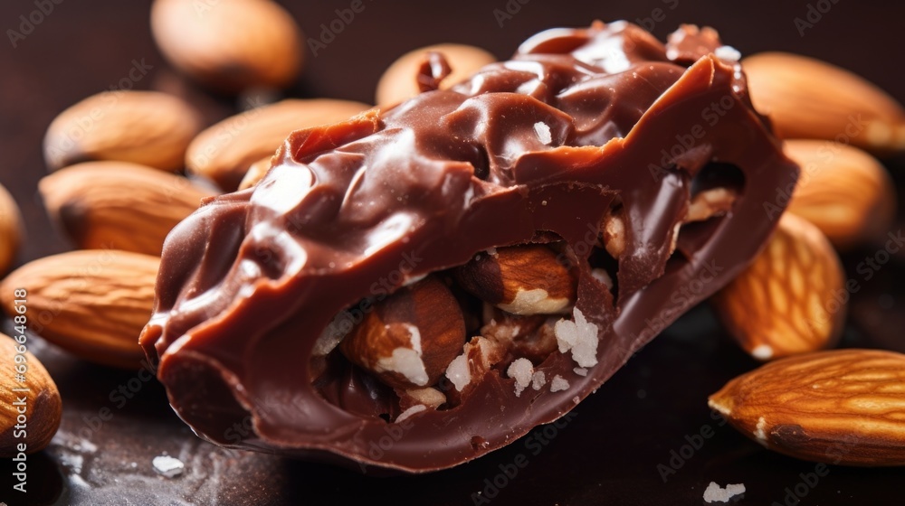 A zoomedin view of a chocolatecovered almond, showing off its crisp outer layer. A zoomedin view of a chocolatecovered almond, showing off its crisp outer layer.