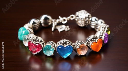 A heartshaped charm bracelet adorned with a mix of colorful gemstones and silver beads, giving it a fun and whimsical look.
