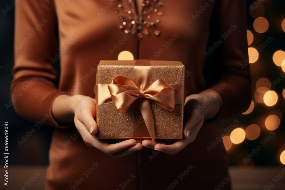 A gift in female hands. Background with selective focus and copy space A gift in female hands. Background with selective focus and copy space