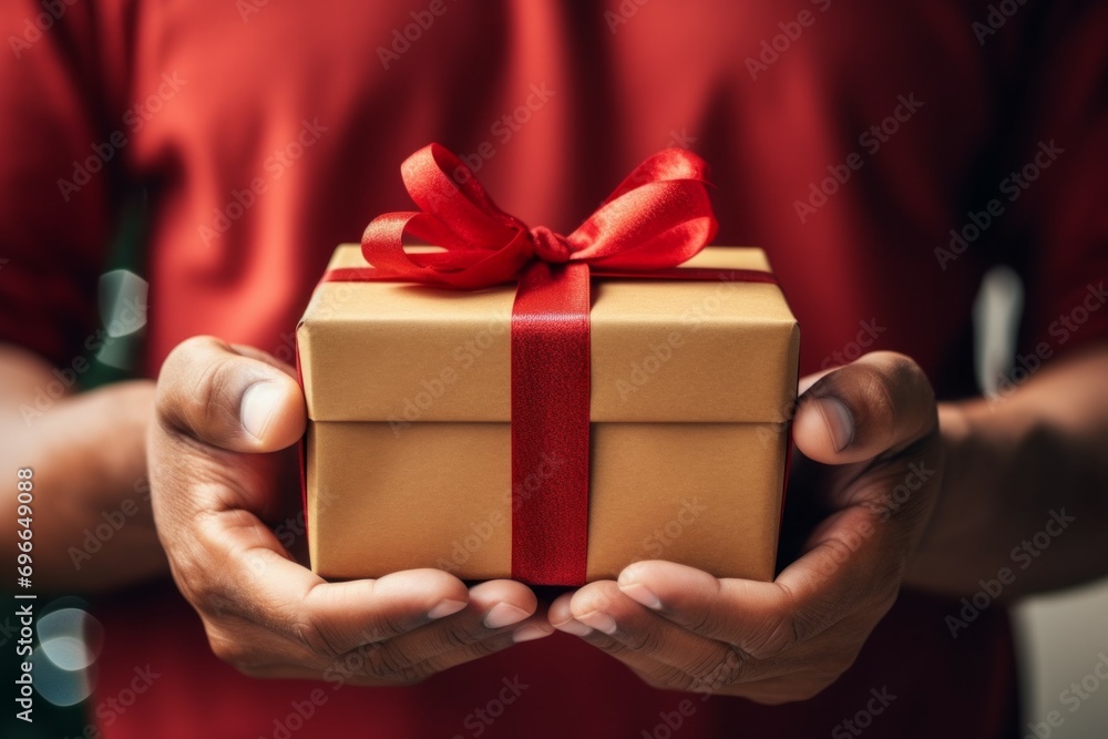 A gift in male hands. Background with selective focus and copy space A gift in male hands. Background with selective focus and copy space