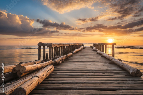 Pier with weathered wooden logs at sunset