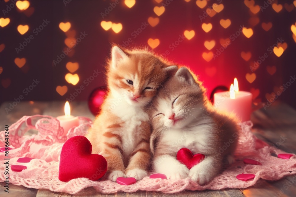 Couple of cute kittens, romance concept. Background with selective focus and copy space