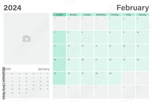 February 2024 table calendar or desk planner with space for your picture, vector design, weeks start on Sunday