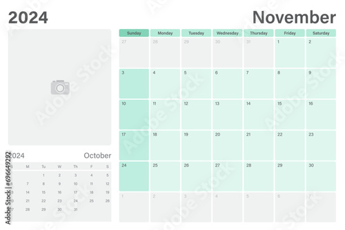 November 2024 table calendar or desk planner with space for your picture, vector design, weeks start on Sunday