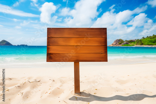 Seaside tranquility: Empty wooden sign on a tropical beach with a beautiful sea, and sky in the background, capturing the serene coastal ambiance.