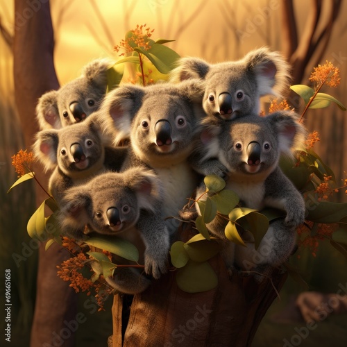 A group of koalas sitting in a tree. Generative AI. © serg3d