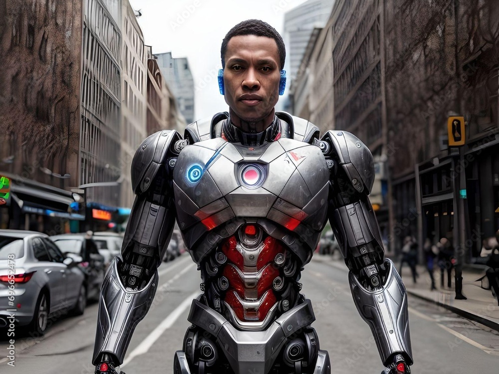 Grey African American Cyborg Robot in The Middle of City Street Looking at Camera Illustration Grey African American Cyborg Robot in The Middle of City Street Looking at Camera Illustration