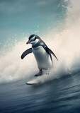 Pinguim surfando em uma prancha de surf no mar - Papel de parede engraçado