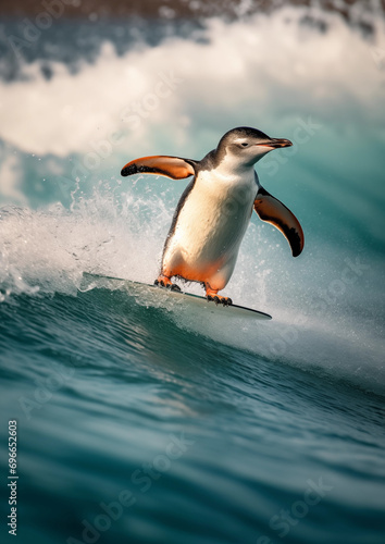 Pinguim surfando em uma prancha de surf no mar - Papel de parede engraçado