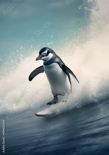 Pinguim surfando em uma prancha de surf no mar - Papel de parede engraçado photo