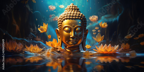 Glowing golden buddha with heaven light, decorated with flowers