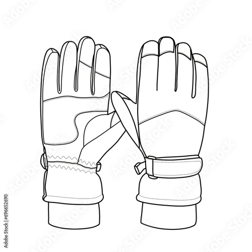 Technical sketch drawing of winter ski gloves line art. Flat sketch winter ski gloves