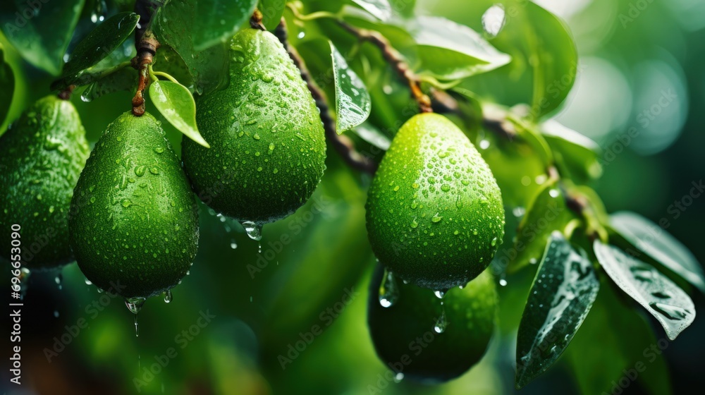 Fresh Avocados with Droplets on Tree Branch Fresh Avocados with Droplets on Tree Branch