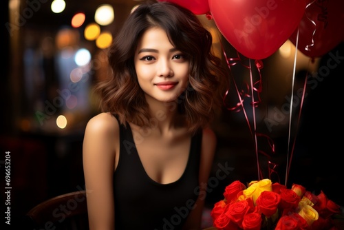 Elegant Asian Woman with Red Balloons and Bouquet of Roses, celebrating her birthday