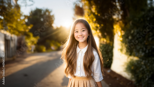 Sun-kissed Smile: A radiant American teen school girl, dressed in a breezy white dress, beams with joy in a golden hour garden © KaRu's Gallery