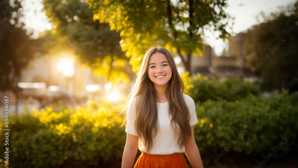 A heartwarming portrait of an American Teen Campus girl, dressed casually and smiling directly at the camera, surrounded by the serenity of a garden during the golden hour A heartwarming portrait of an American Teen Campus girl, dressed casually and smiling directly at the camera, surrounded by the serenity of a garden during the golden hour