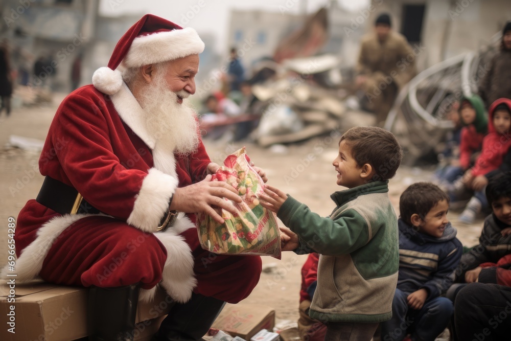 Santa Claus giving christmas gift to children in the city with comeliness
