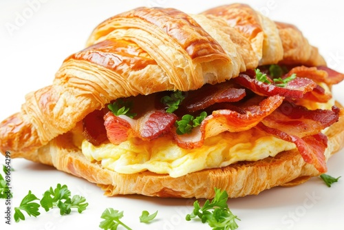 Crunchy bacon Omelet croissant sandwich on white background