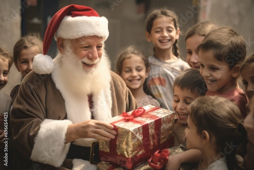 Santa Claus giving christmas gift to children in the city with comeliness