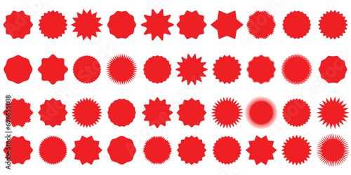 Title Set of black price sticker, sale or discount sticker, sunburst badges icon. Stars shape with different number of rays. . Red starburst promotional badge set shopping labels 0 2 1