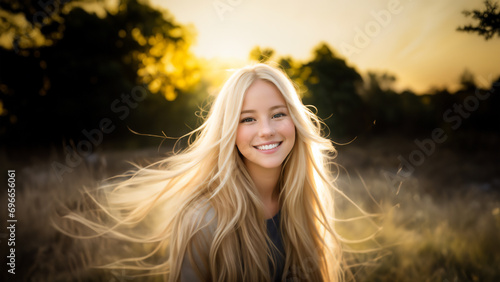 Sun-kissed Smile: An American campus girl beams with golden hour joy amidst a vibrant garden, her casual dress and sun-kissed hair glowing against the lush greenery