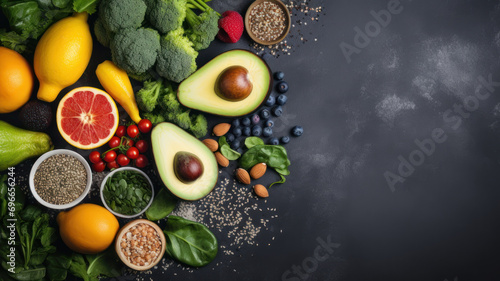 Different vegetables, seeds and fruits on grey table, flat lay. Healthy diet