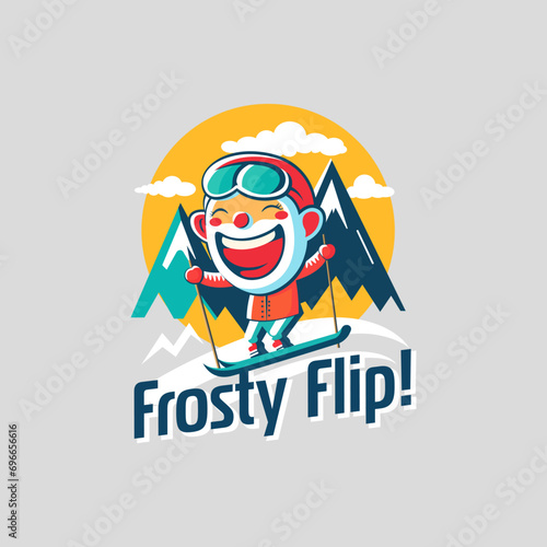 simple vector illustration, simple colors, jumping skier in snowy mountains background, Frosty Flip, Illustrative Logo